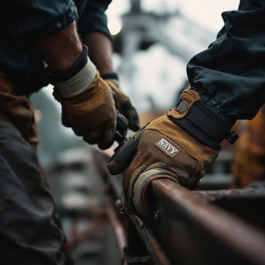 Gloved hands cinching a strap on a navy container rail