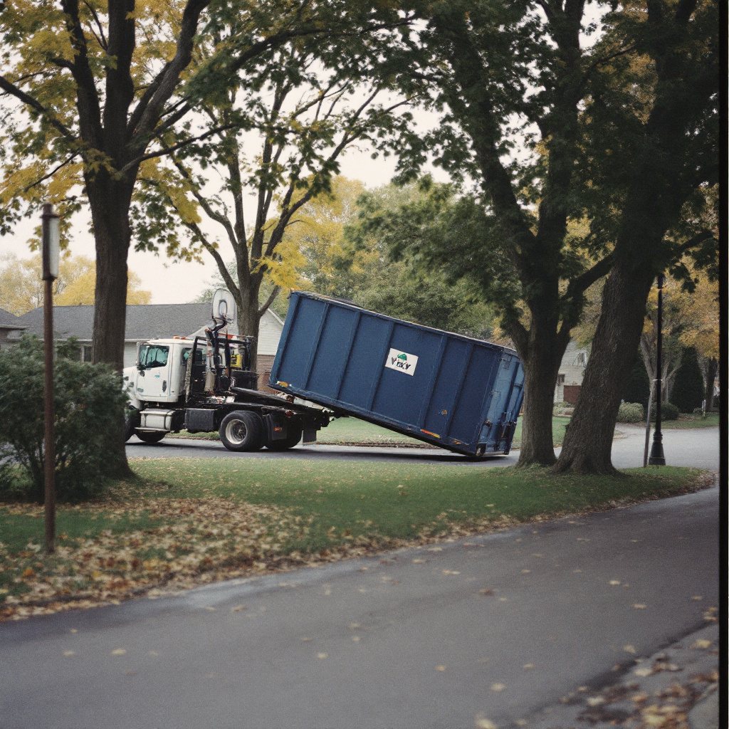 Roll-off truck lowering a navy container on a quiet cul-de-sac