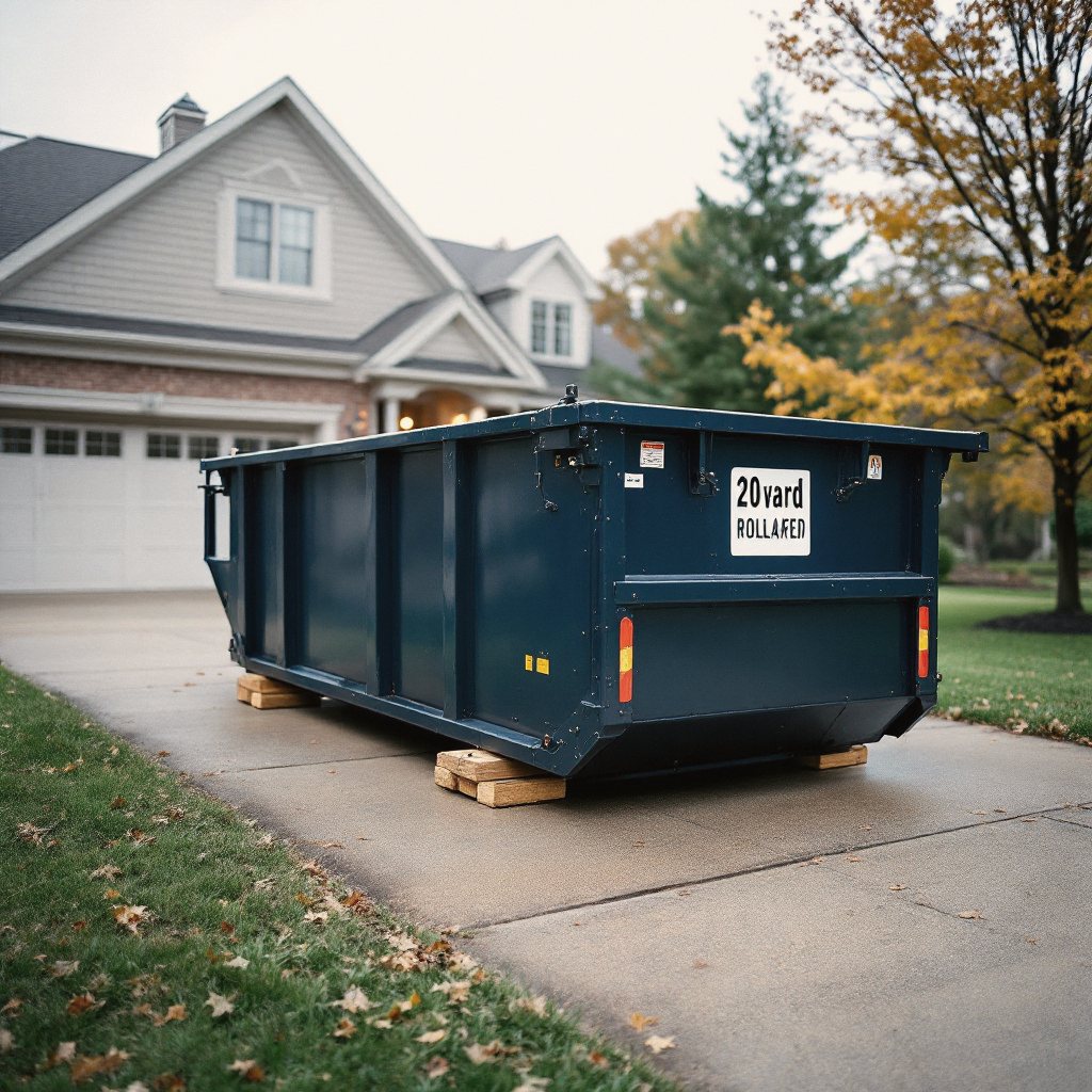 Navy Nickel Plate roll-off dumpster on boards on a stamped-concrete Fishers driveway