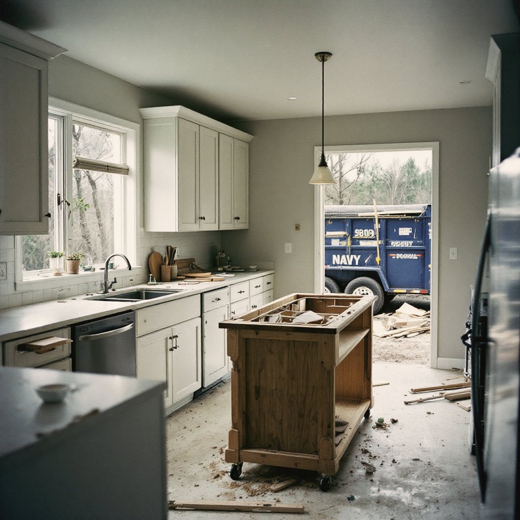 Fishers kitchen mid-renovation with debris headed for the navy dumpster outside