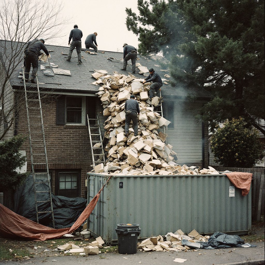 Roof tear-off sliding into a navy dumpster below the drip line